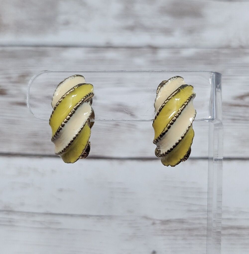 Vintage Clip On Earrings - 1" Half Hoop Yellow & Cream